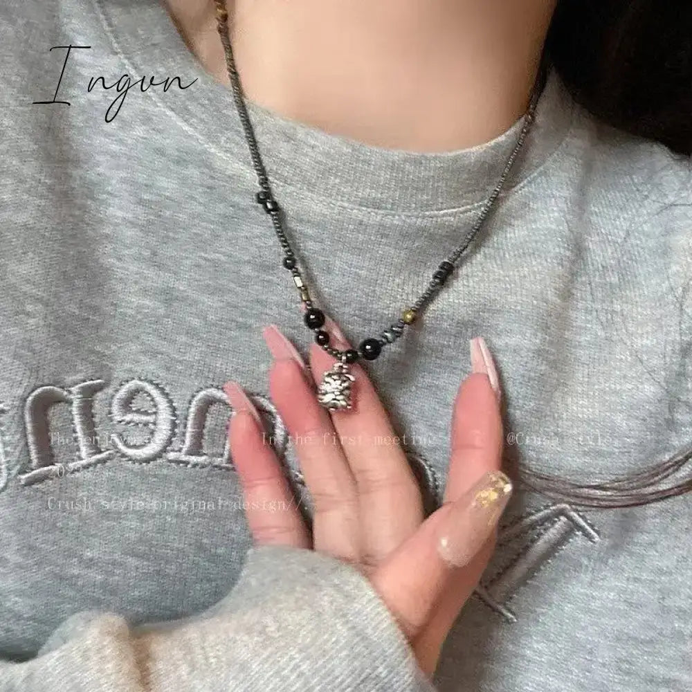 Vintage Chinese Style Lion Pendant Beaded Necklace for Women Men Lucky Punk Clothing Unusual Stone Bead Choker On The Neck Beads