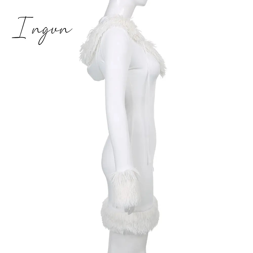 Ingvn - Furry Long Sleeve Hooded Bodycon Mini Dresses Women White V Neck Fuzzy Dress Skinny Christmas Party Streetwear Winter