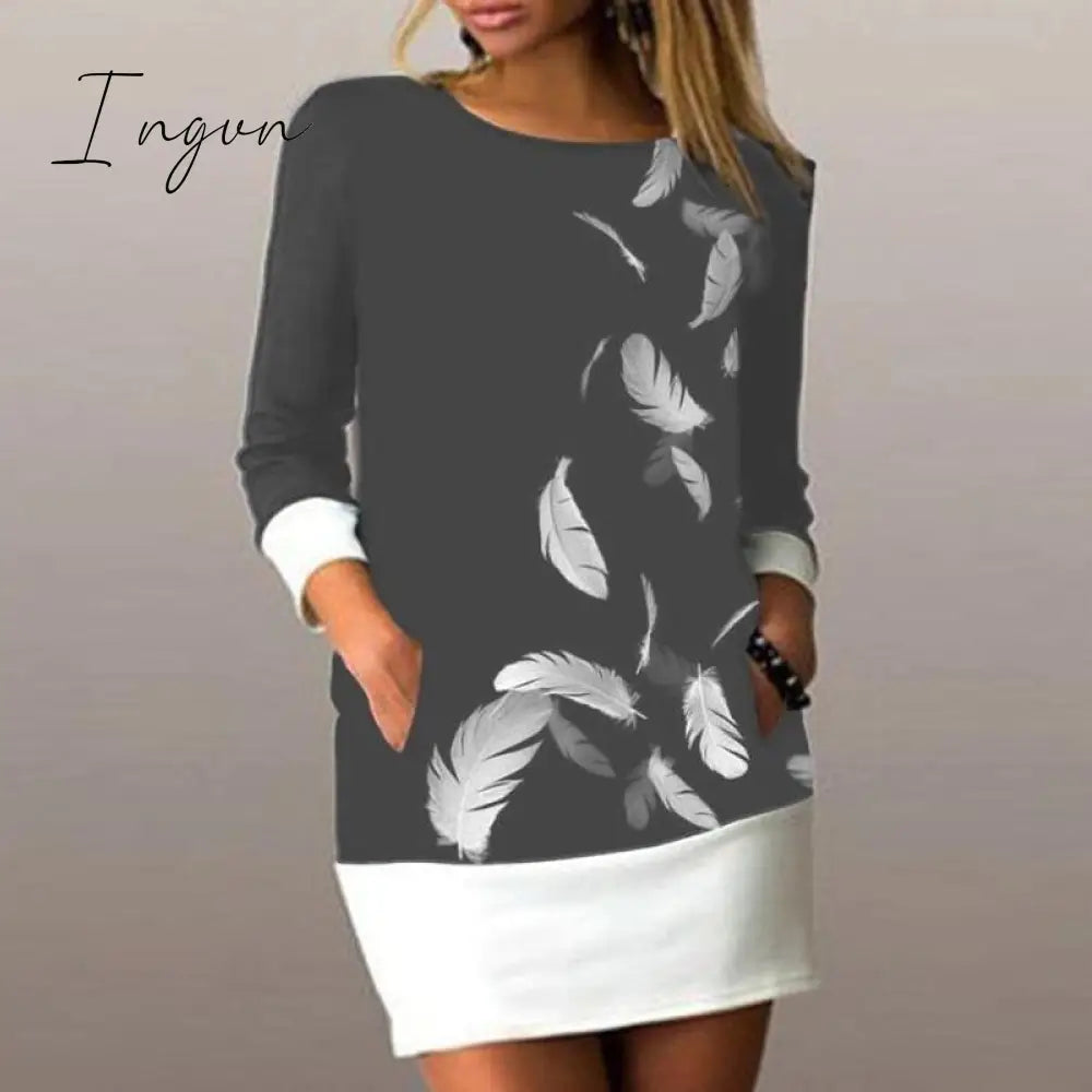 Ingvn - Autumn Women Elegant Floral Print Patchwork Dress Casual Long Sleeve Straight Dresses Female Long Sleeve Loose Vintage Vestidos