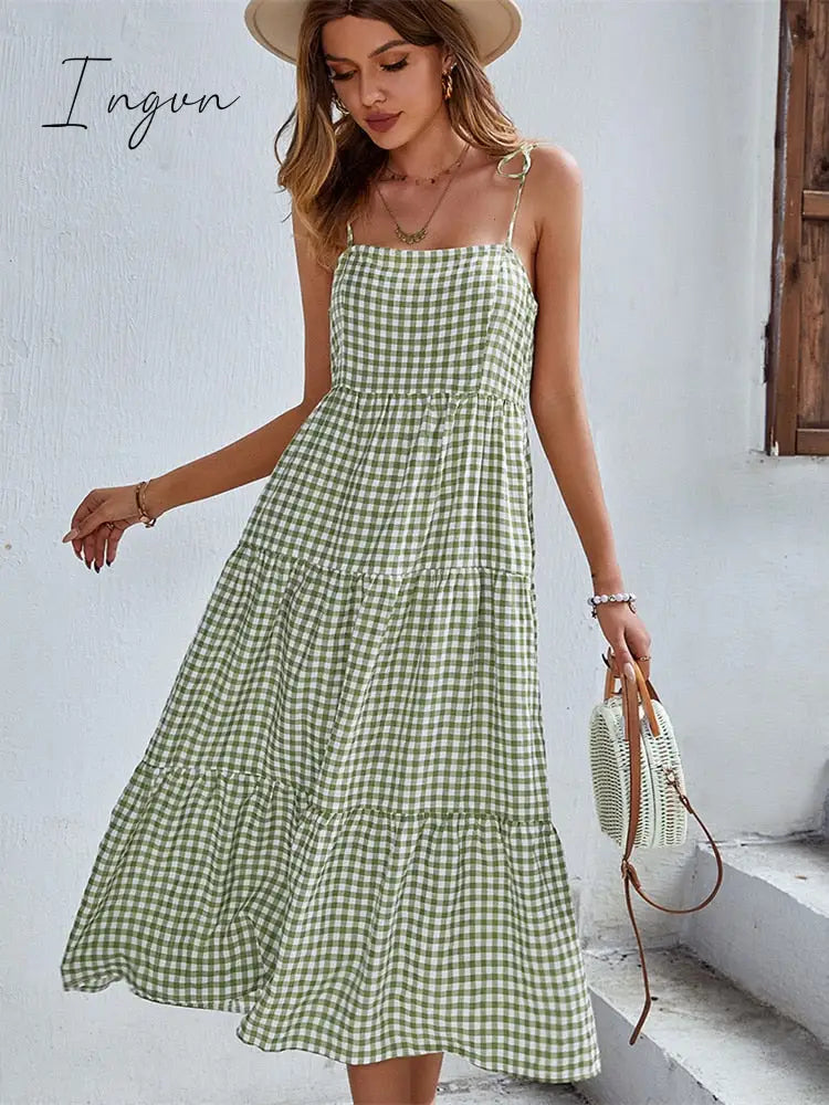 Ingvn - Ladies Vintage Boho Plaid Summer Dress Women Sexy Backless Casual Ruffles Party Beach Sundress Women Dress Robe Vestidos Female