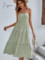 Ingvn - Ladies Vintage Boho Plaid Summer Dress Women Sexy Backless Casual Ruffles Party Beach Sundress Women Dress Robe Vestidos Female