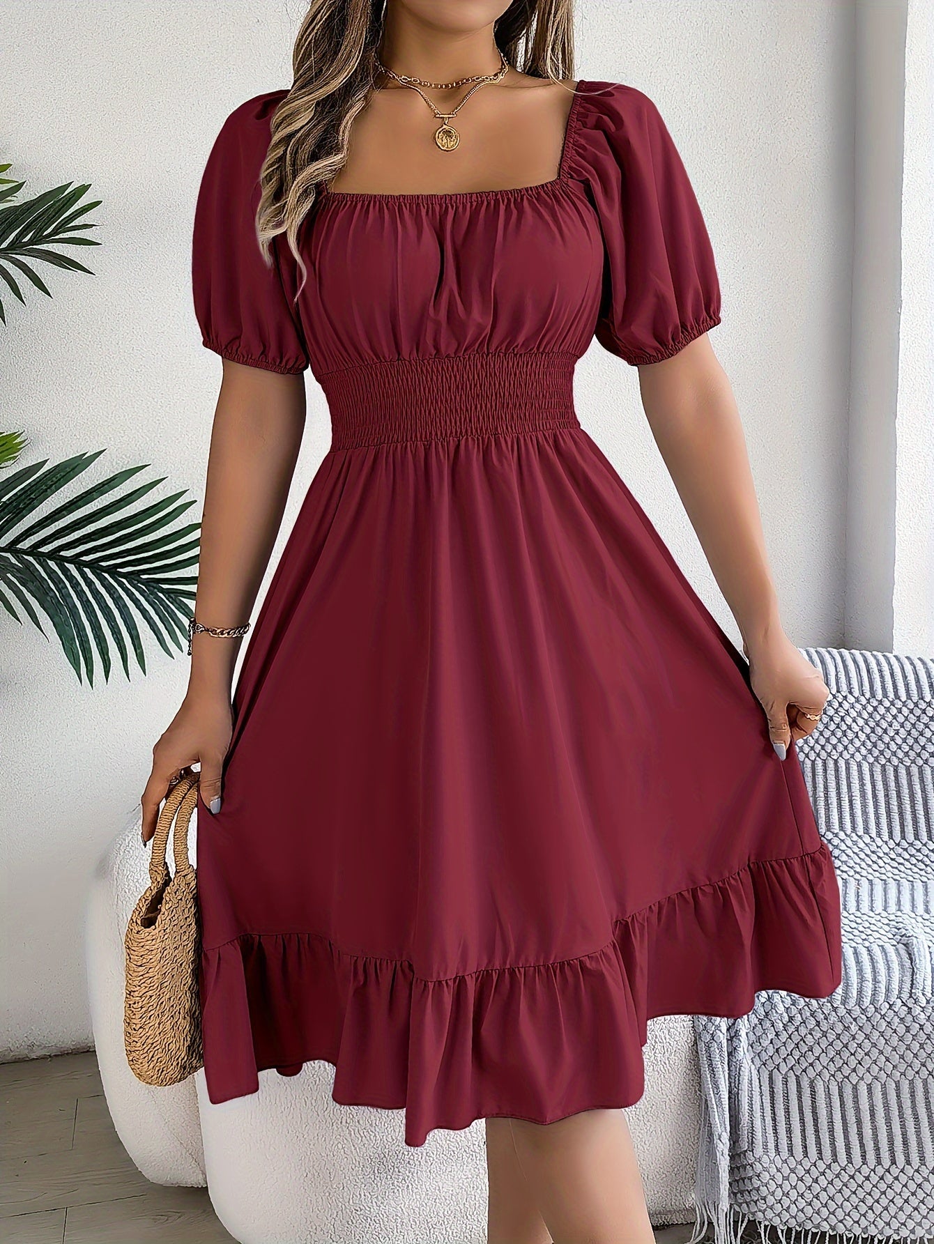 Solid Puff Sleeve Square Neck Waist Dress, Elegant Ruched Bust Ruffle Hem Dress, Women's Clothing Wedding graduation engagement occasion ceremony party holiday vacation birthday