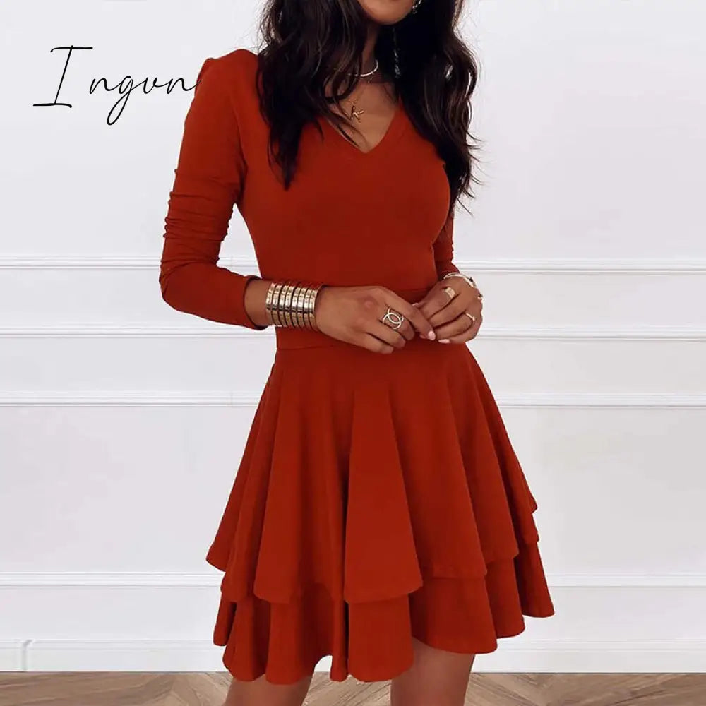 Ingvn - Sexy Women V neck Pleated Party Dress Spring Solid Casual Long Sleeve Loose Dress Elegant Autumn Office Lady Mini Dress Vestidos