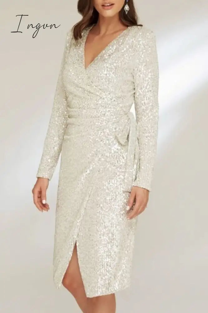 Ingvn - Sexy Solid Bandage Sequins V Neck Wrapped Skirt Dresses