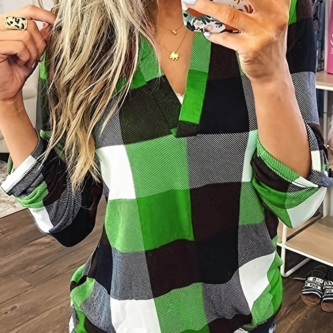 Casual Plaid Shirt, Long Sleeve V-neck Shirt, Casual Every Day Tops, Women's Clothing