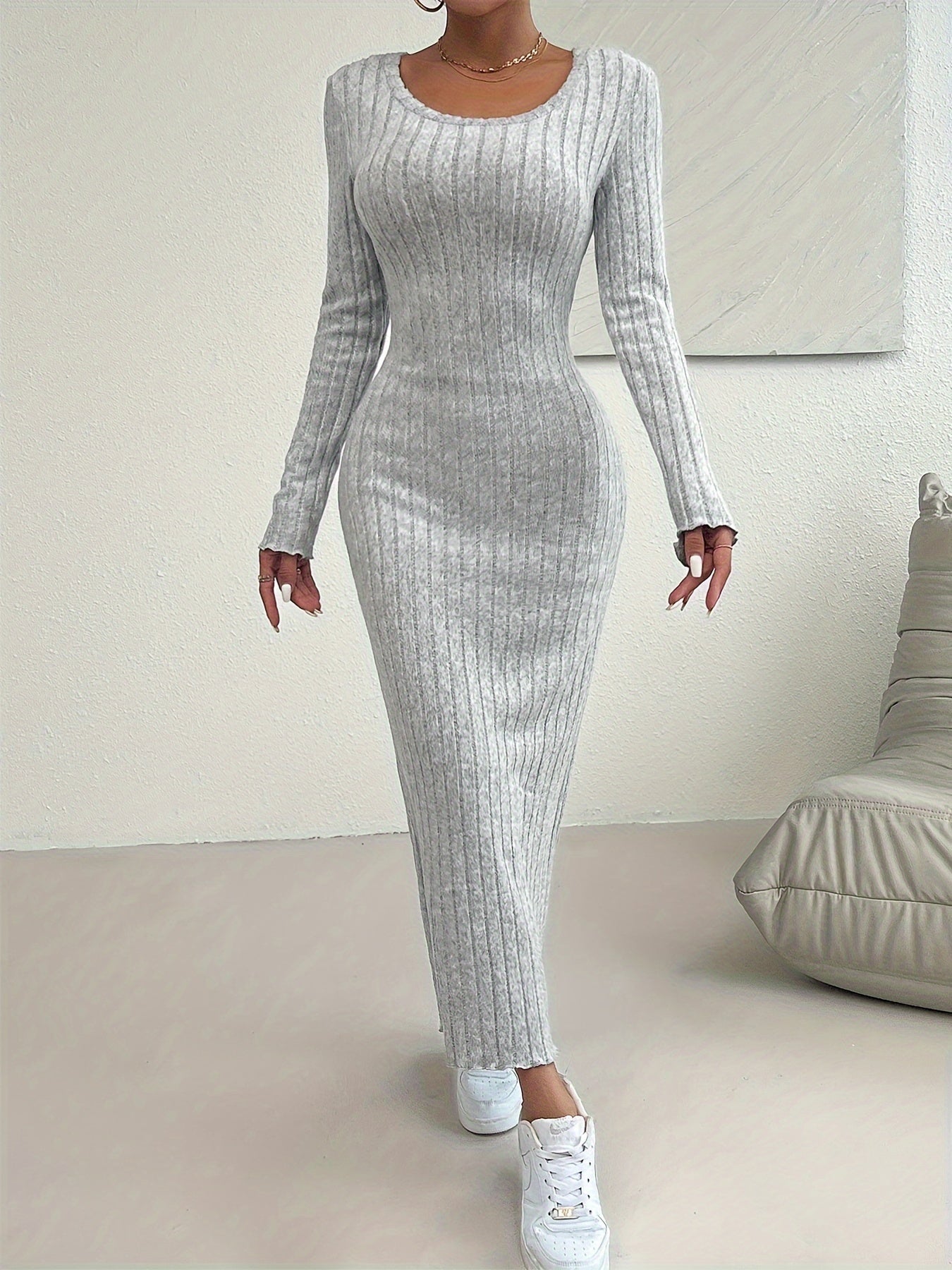 Stylish Ribbed Crew Neck Long Sleeve Dress - Women's Elegant Slim Fit Dresses for Spring & Fall - Soft, Breathable, Comfortable, and Versatile Clothing for Daily Wear