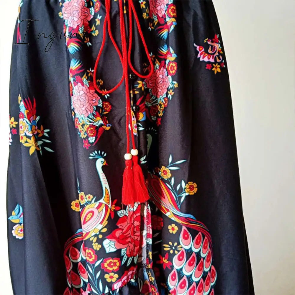 Ingvn - 2023 New Women Summer Boho Beach Maxi Dress Sexy V Neck Vintage Print Long Dresses Casual Sundress Dress