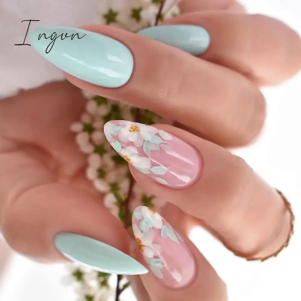 24Pcs Detachable Acrylic False Nails Press On Nail Cute Cherry French Almond Wearable Artificial Fake Nails Full Cover Nail Tips