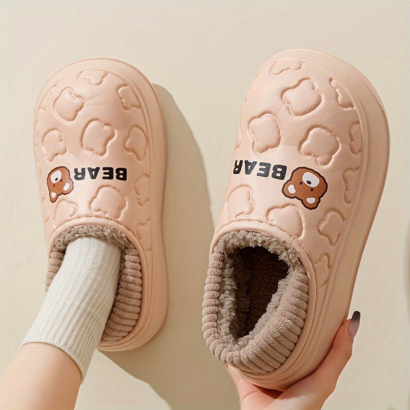 Cozy Winter Bear Slippers - Cute Cartoon Waterproof, Plush Lined EVA, Indoor/Outdoor Comfort