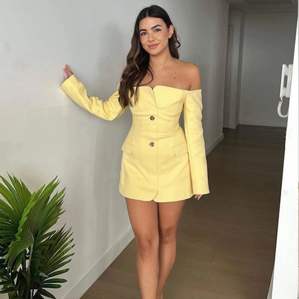 Ingvn  Fashion Slash Neck Long Sleeve Mini Party Dress Women's Elegant Chic Single Breasted Slim Short Blazer Dresses High Street