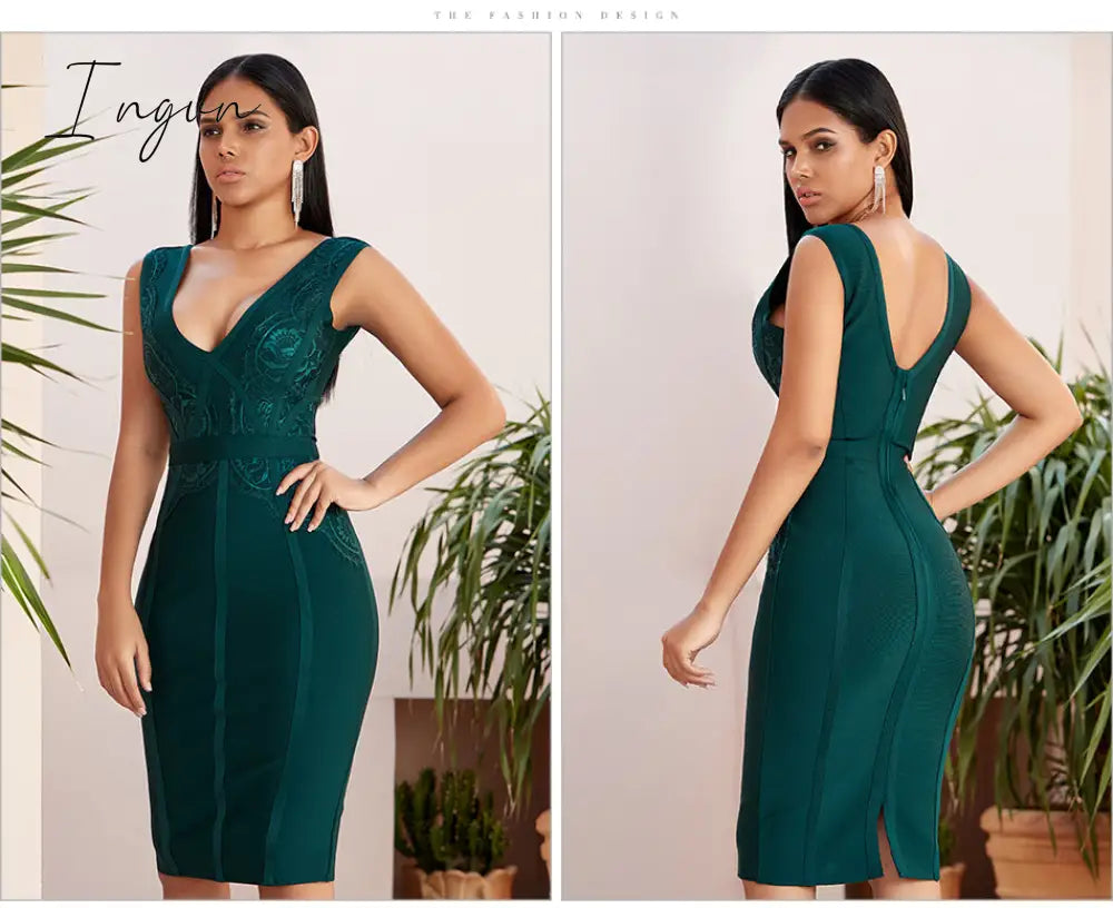 Ingvn - New Summer Tank Bodycon Bandage Dress Women Sexy Sleeveless Lace Green Club Celebrity Evening Party Dresses Vestidos