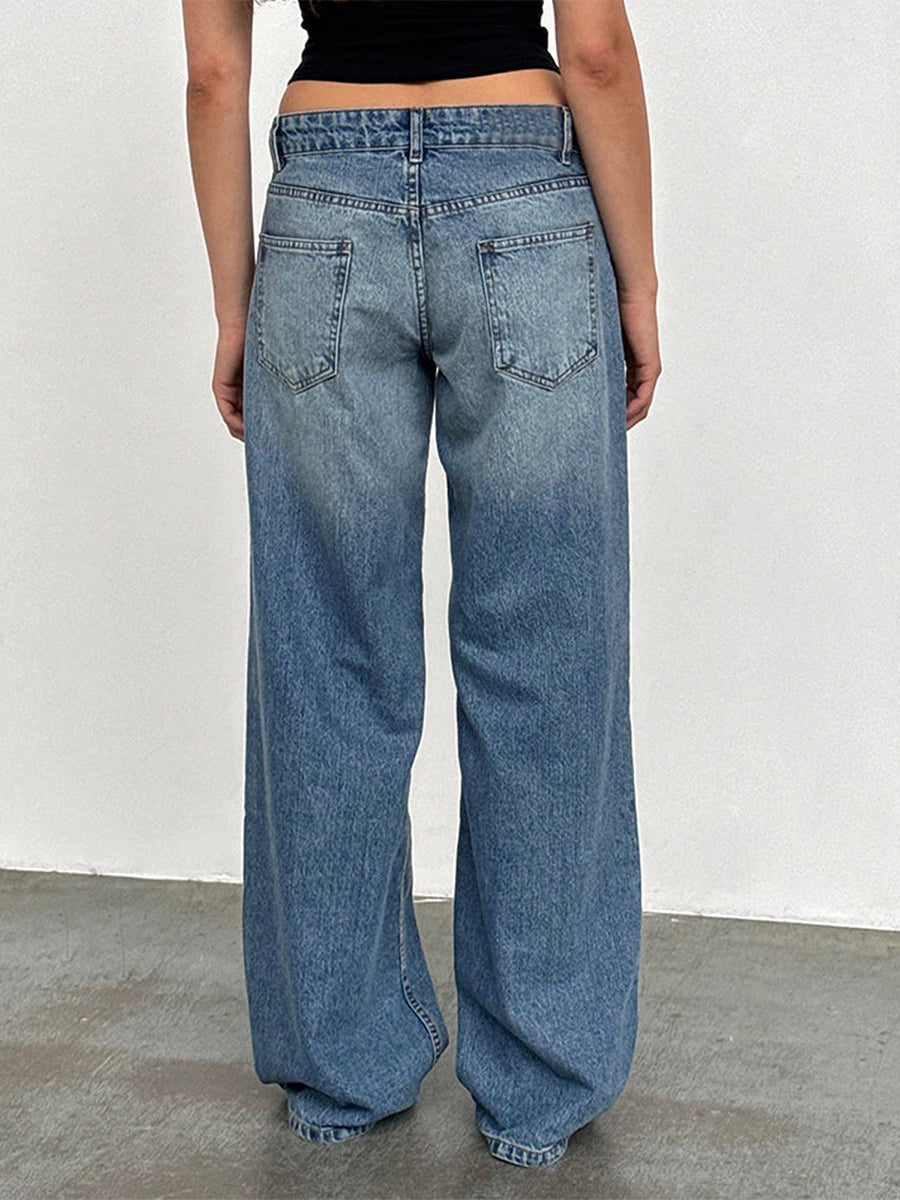 Women Jeans Low Waist Solid Color Wide Leg Straight Trousers with Pockets for Daily Streetwear Fashion Denim Pants