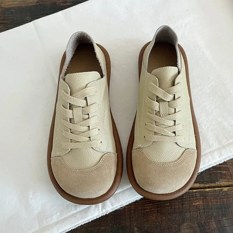 New Women's Shoes Flat Bottom Round Toe Flat Shoes Casual Lace Up Ladies Sneakers Mixed Color Soft Sole Beige Vulcanized Shoes