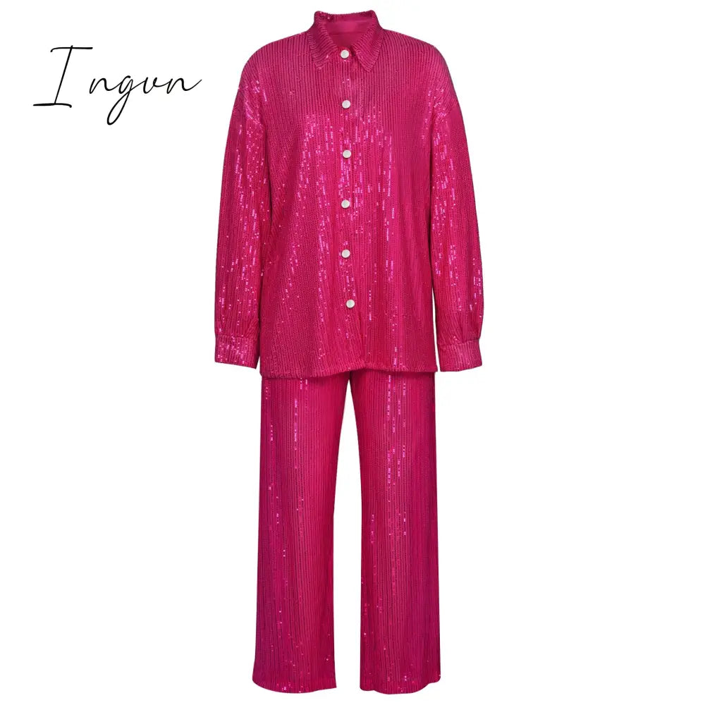 Ingvn - Sparkly Two-piece Set Party Outfits For Womens Sequin Top Blouse Shirt And Pants Suit Female Luxury Evening Tracksuit New