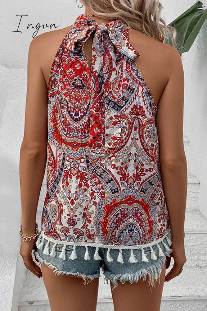 Ingvn - Bohemian Vintage Geometric Print Tassel Asymmetrical Halter Tops