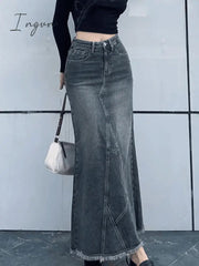 Ingvn - Back Slit Patchwork Long Denim Skirt