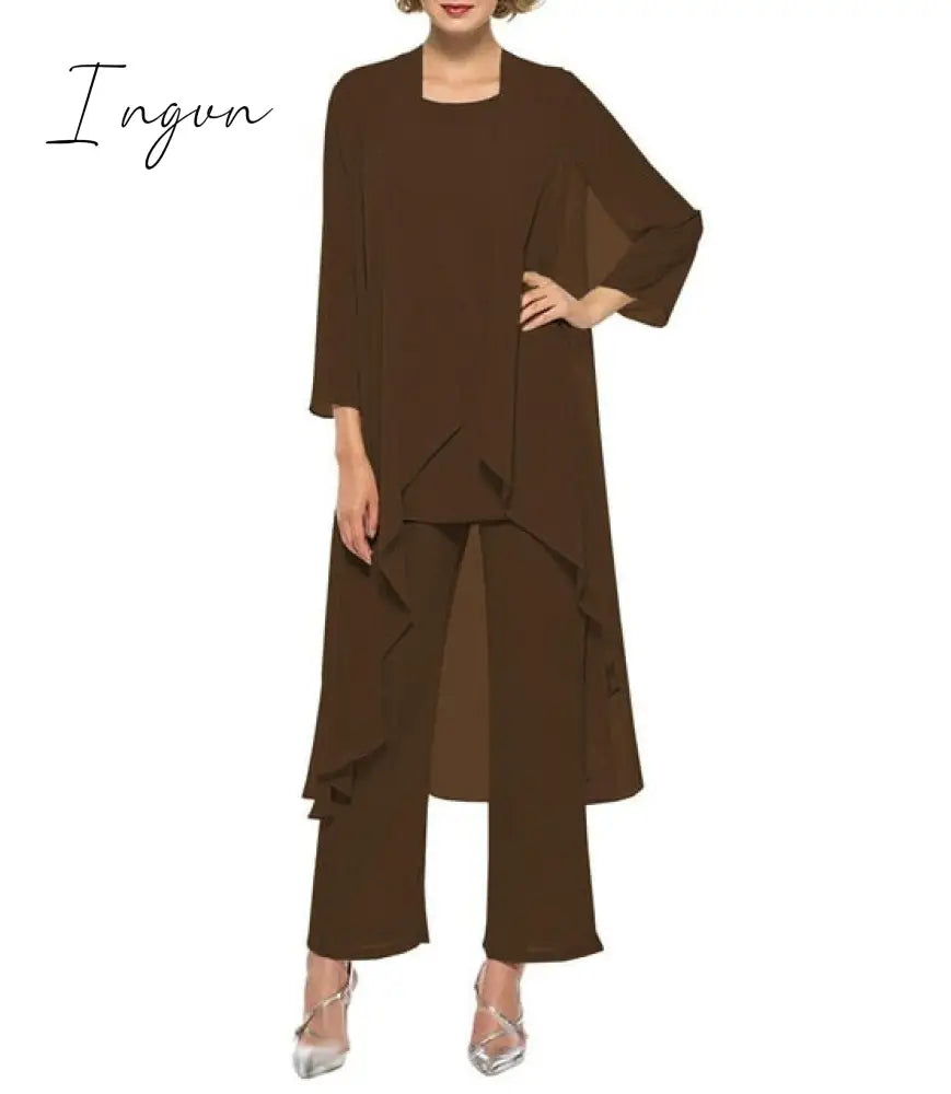 Ingvn - Mother of the Bride Dresses Plus Size Dress Blazer Champagne Chiffon Pantsuit 3 Pieces Wedding Party Guest Gown Dress