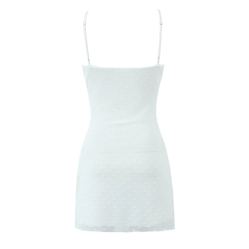 Sexy Women Flocking Polka Dot Mesh Dress Summer Lady Thin Straps V Neck A-line Sling Mini Dress White Robe