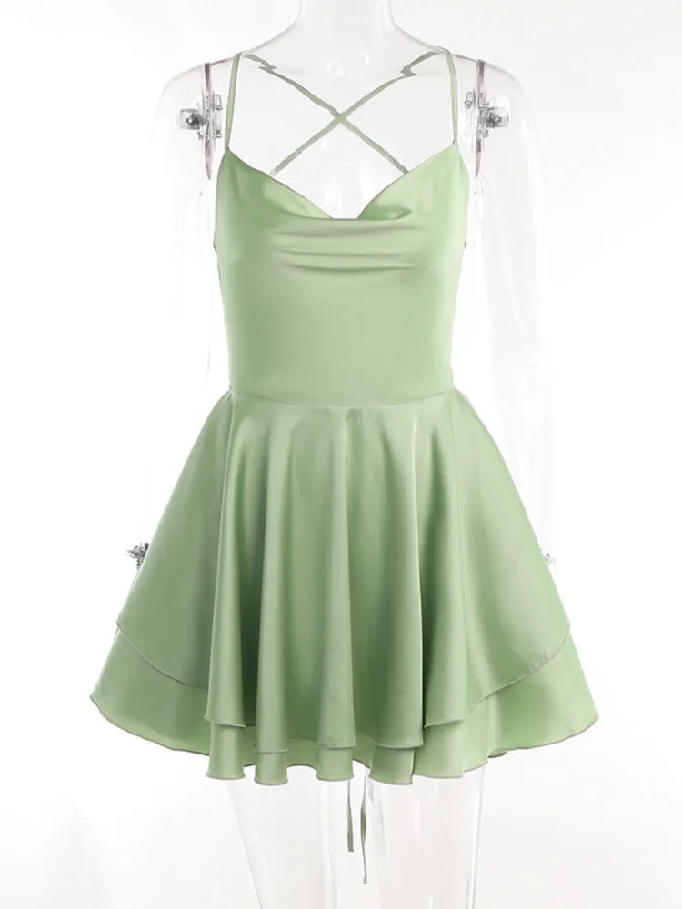 Satin Spaghetti Strap Mini Dress For Women Robe New Sleeveless Backless Lace-up Short Dress Female Sexy Party Vestidos