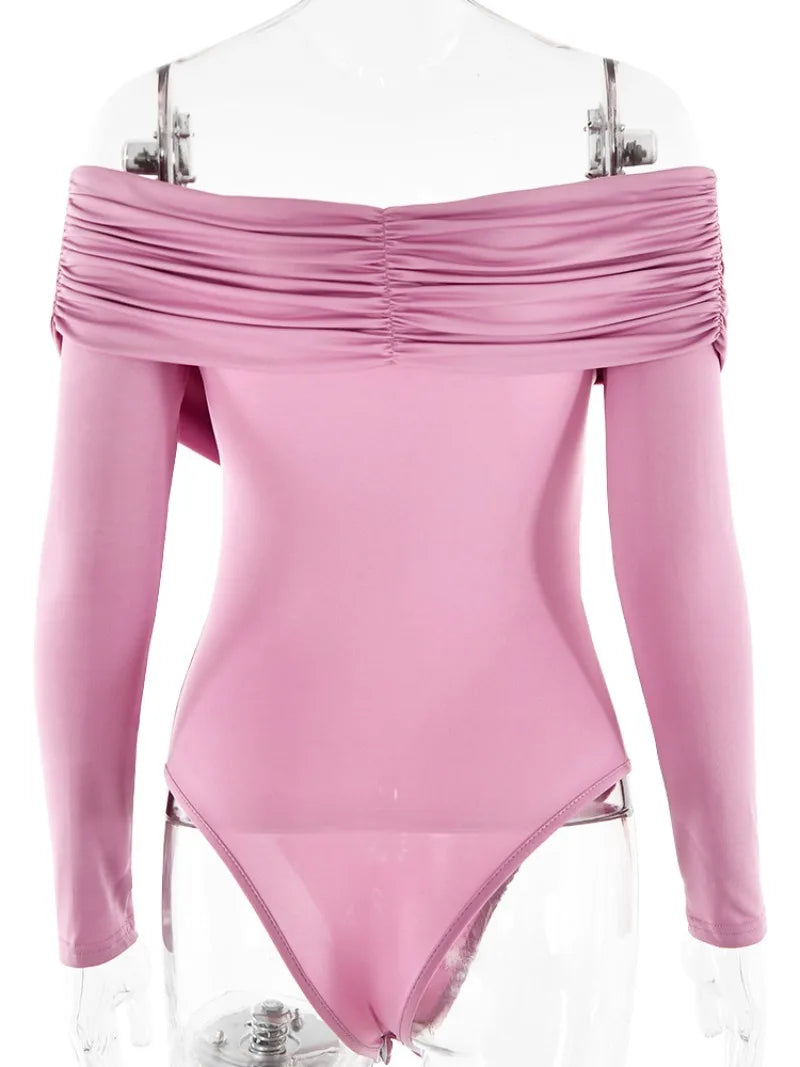 Ingvn  Sexy V-neck Long Sleeve Bodysuits Fashion Autumn Off Shoulder One Piece T-shirts Streetwear Female Folds Pink Tops Jumpsuit