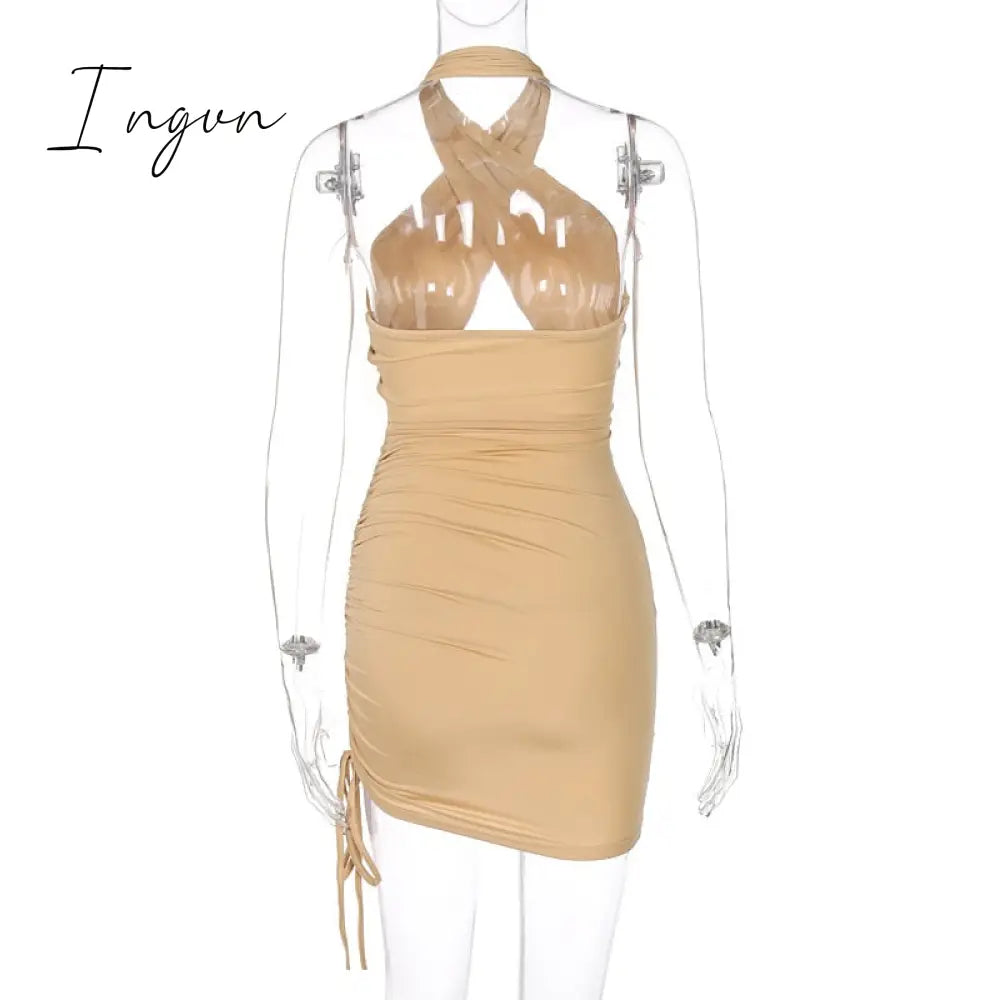 Ingvn - New Summer Sexy Women's Coffee Color Cross Hanging Neck Sleeveless Tight Mini Dress