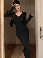 Elegant Knitted Dresses for Women Vintage V-Neck Long Sleeves Party Midi Dress Autumn Solid Prom Vestidos Female Casual Clothing
