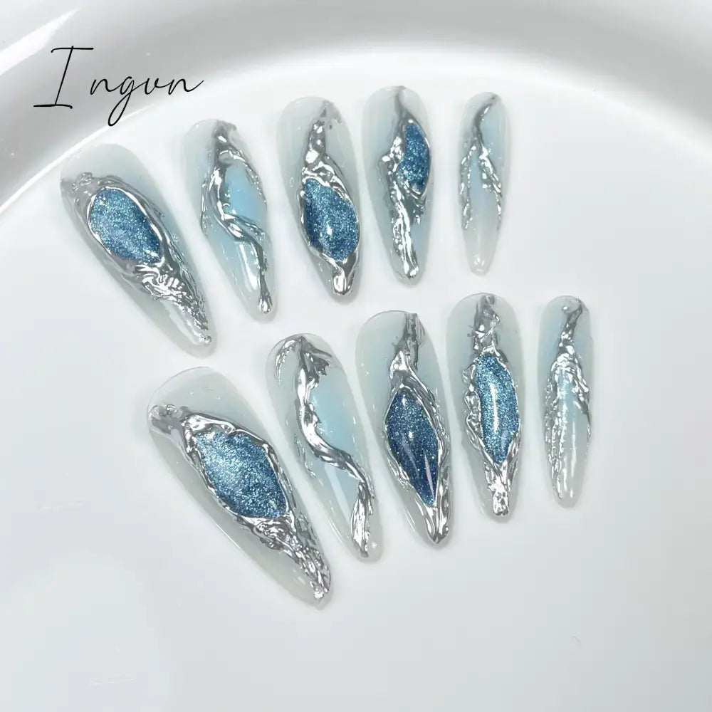 10Pcs Naked Cat Eye Press On Nails Laser Butterfly Decoration Fake Nails Short Full Cover False Nail Wearable Manicure Nail Tips