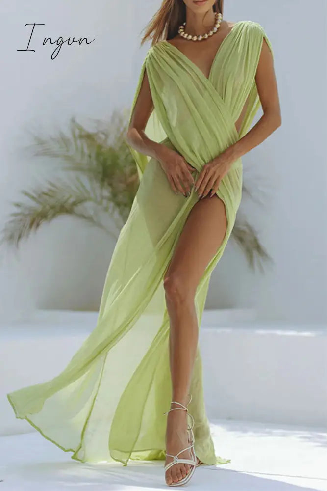Ingvn - Sexy Solid Color See-Through Slit Swimwears Cover Up