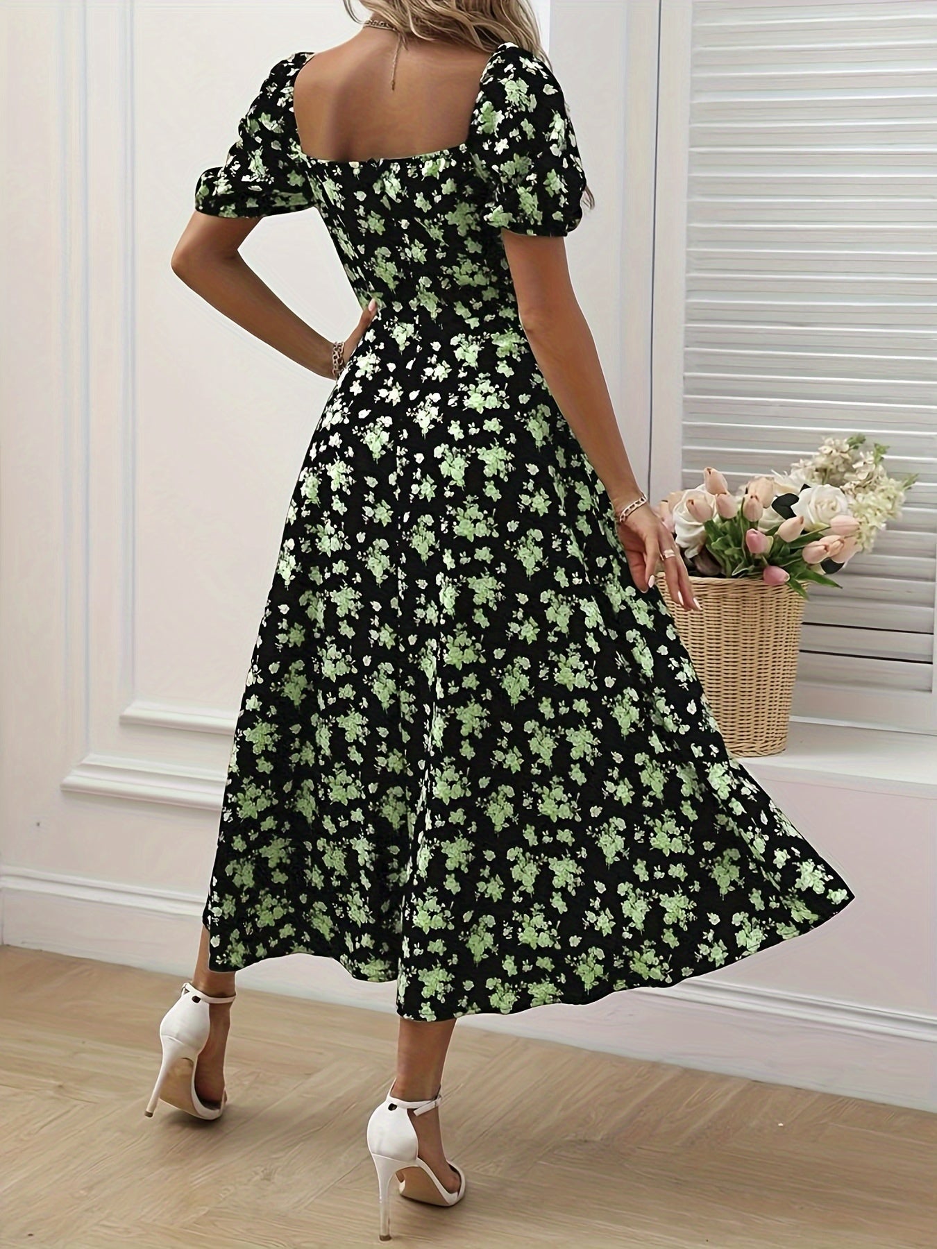 Elegant Floral Puff Sleeve Dress - Lightweight, Split Hem A-line for Spring & Summer Occasions