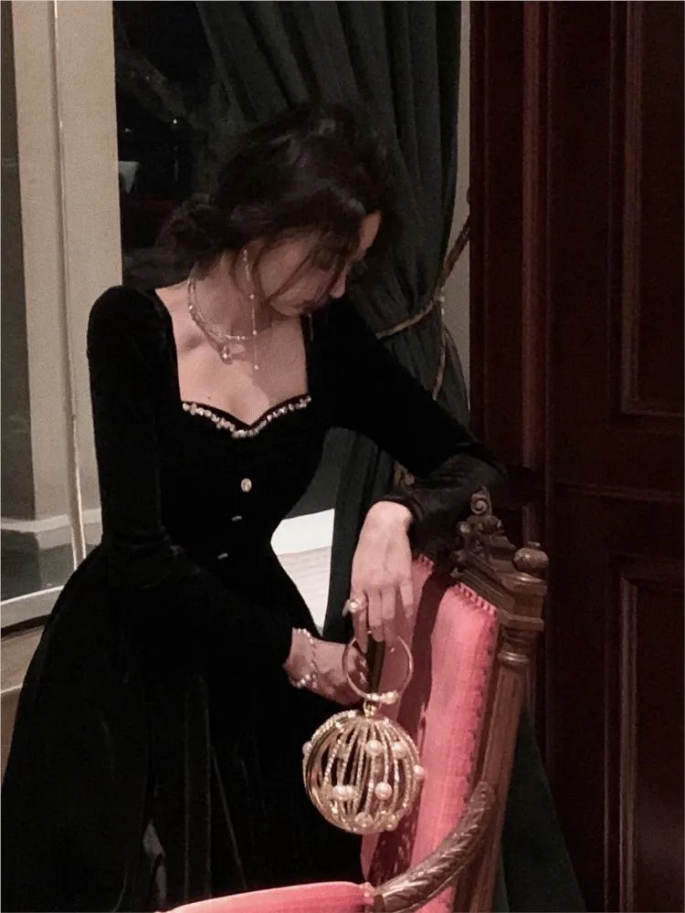 Vintage Velvet Women's Dresses Autumn Black Bodycon Evening Party Dress Korean Style Elegant Long Sleeve Graduation Vestidos