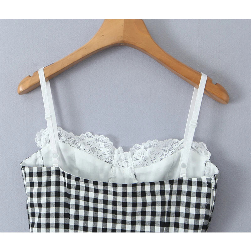 High Street Women Lace Patchwork Plaid Camis Sexy Sleeveless Slim Fit Crop Top Summer Chic Lady Party Tops