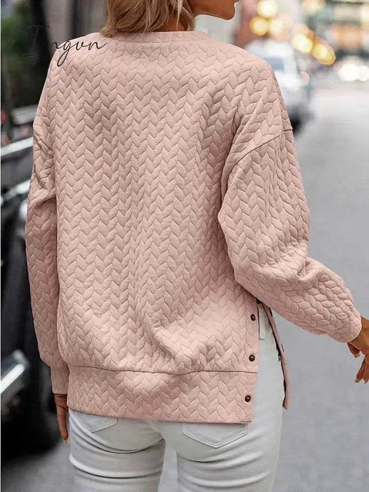Ingvn - Women's Sweatshirt Pullover Basic Button Pink Solid Color Casual Round Neck Long Sleeve Top Micro-elastic Fall & Winter