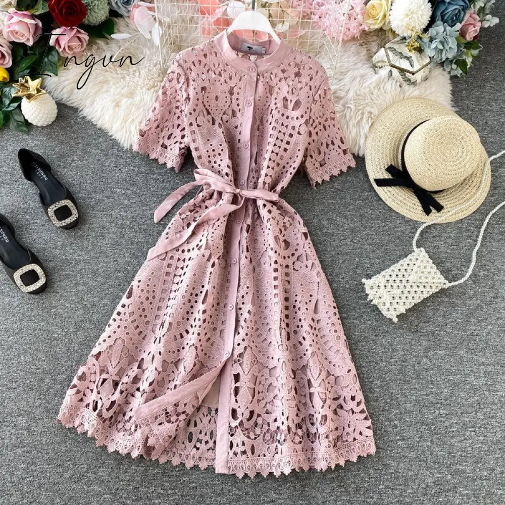 Ingvn - Women Elegant Hollow Out Lace Dress Office Lady Summer Solid O-Neck Button up Sashes Midi Dress Female Chic Short Sleeve Dress