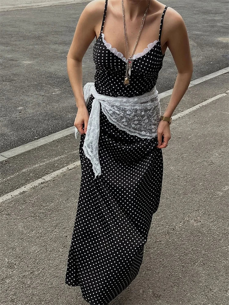 Lace Patchwork Printed Long Dress For Women Summer Slim Fashion V-Neck Spaghetti Backless Dress Female Halter Dresses