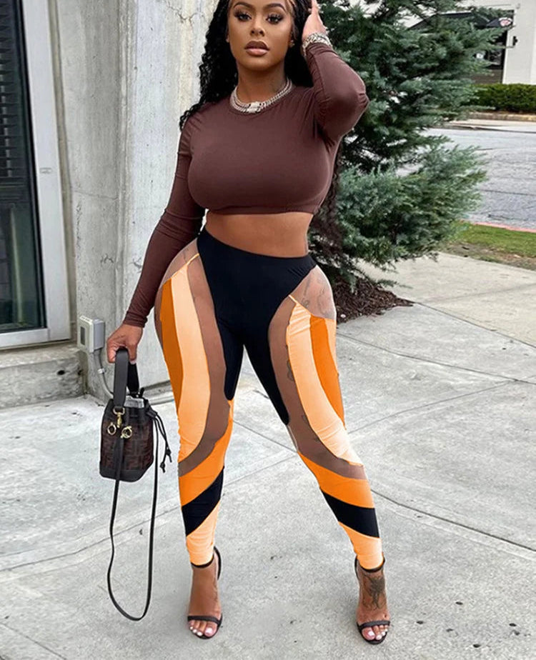 Mesh Patchwork Print Leggings Women Hipster Y2K Stitching Color Match Sheath Pants High Waist Body-Shaping High Streetwear