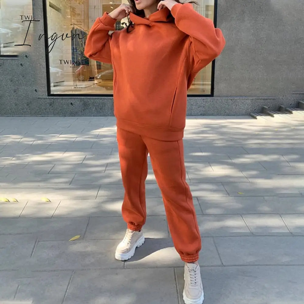 Ingvn - Women Elegant Solid Sets For Women Warm Hoodie Sweatshirts And Long Pant Fashion Two Piece Sets Ladies Lace Up Sweatshirt Suits
