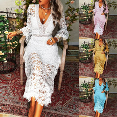Ingvn - Fashionable Autumn Women Dress Sexy Lace Long-sleeved V-neck Large-length Ladies Chic Vestidos Wedding Party Bridal Dress