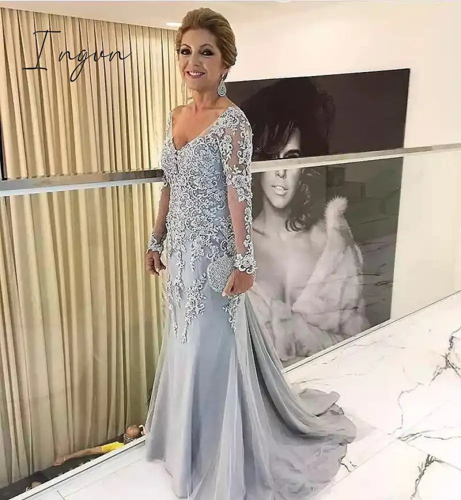 Ingvn - Elegant Silver Long Sleeves Mother Of The Bride Clothes V Neck Bride Patin Evening Dress Wedding Party Guest Clothes New