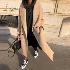 Ingvn - 2023 Trends Hot Sale Casual Autumn Women Commuter Pocket Jacket Elegant Double Breasted Straight Outerwear Fashion Lapel Solid New Long Sleeve Coats