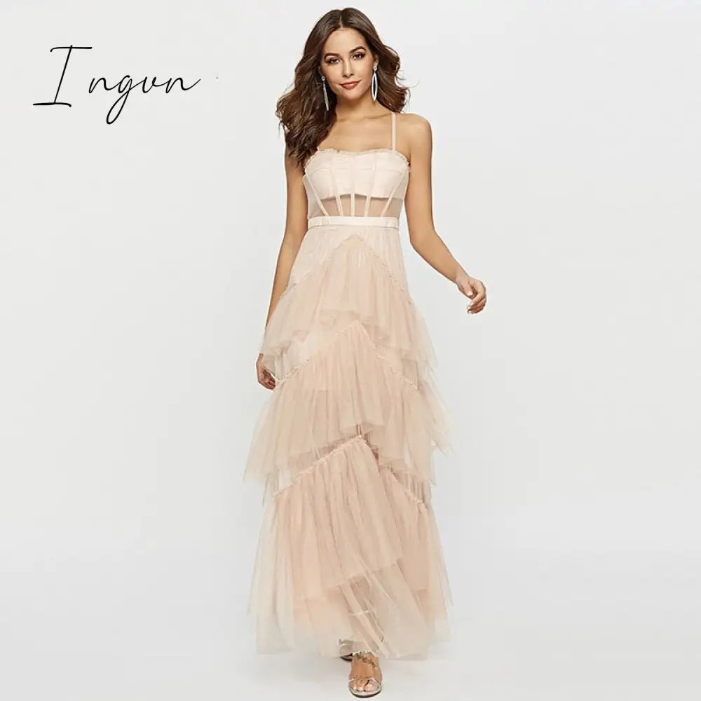 Ingvn - Womens Fashion Summer Sling Long Lace Dress Women Hollow Stitching Sexy Bubble Dress Backless Sleeveless Plus Size White Party Elegant Clothes