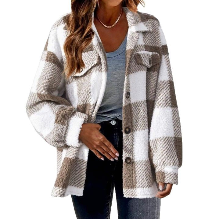Autumn and Winter Open Button Lapel Plush Plaid Coat Plaid Pattern Button Front Jacket Warm