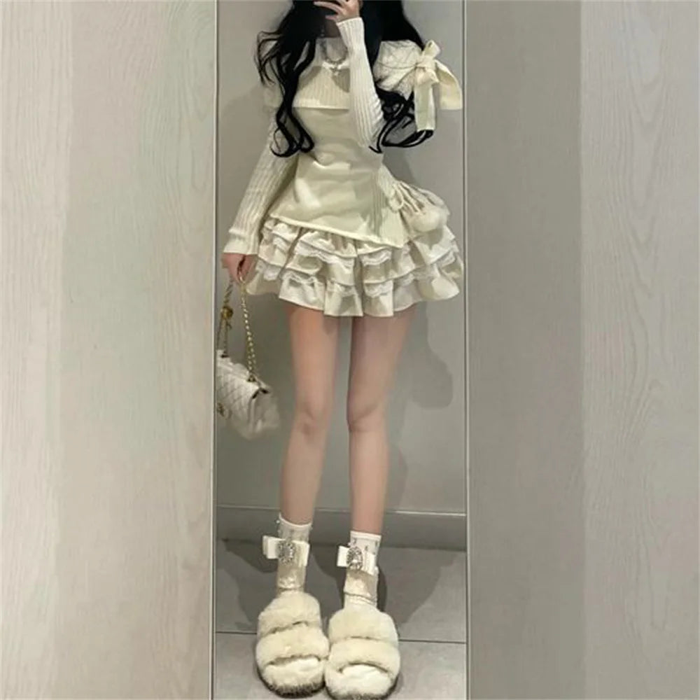 Voguable Autumn Winter Woman Kawaii Sweet 2 Piece Set Off Shoulder Bow Knitted Tops + Mini Cake Skirt Female Korean Fashion Casual Suits
