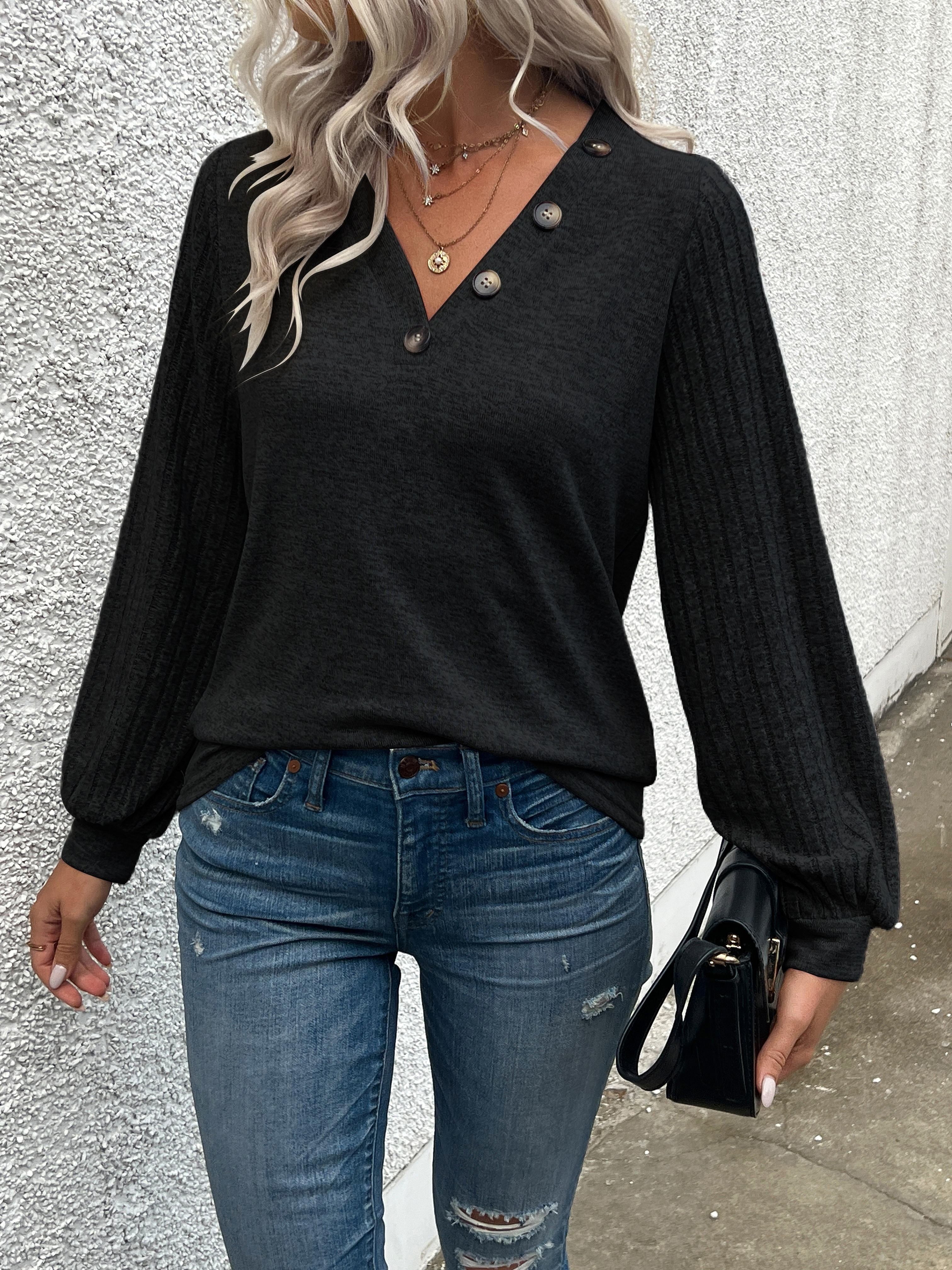 Stylish V Neck Long Sleeve Ribbed T-shirt - Women's Elegant Daily T-Shirts with Buttons - Soft, Breathable, and Comfortable Clothing for Everyday Wear