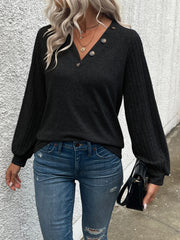 Stylish V Neck Long Sleeve Ribbed T-shirt - Women's Elegant Daily T-Shirts with Buttons - Soft, Breathable, and Comfortable Clothing for Everyday Wear