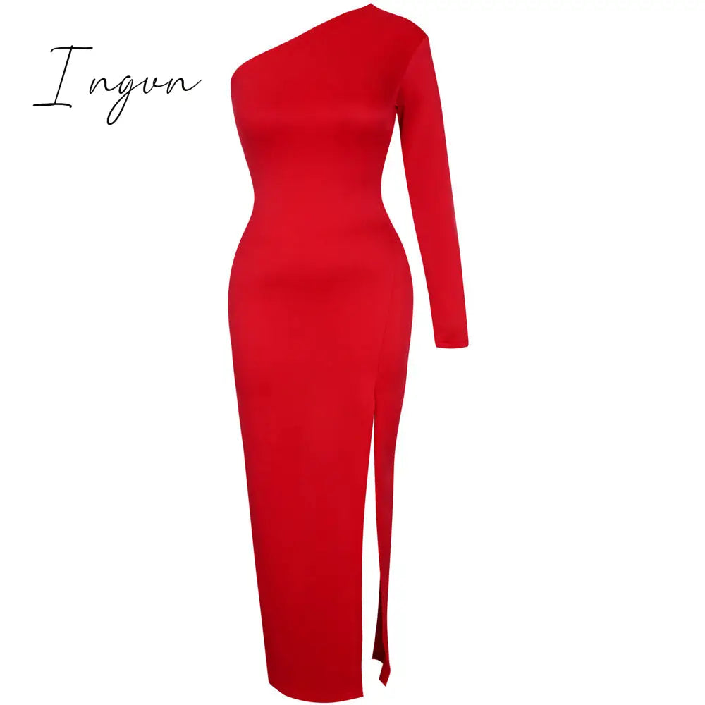 Ingvn - Elegant Dresses for Women Summer One Shoulder Maxi Dress Bodycon Sexy Black Long Fomal Wedding Evening Party Dress Fashion