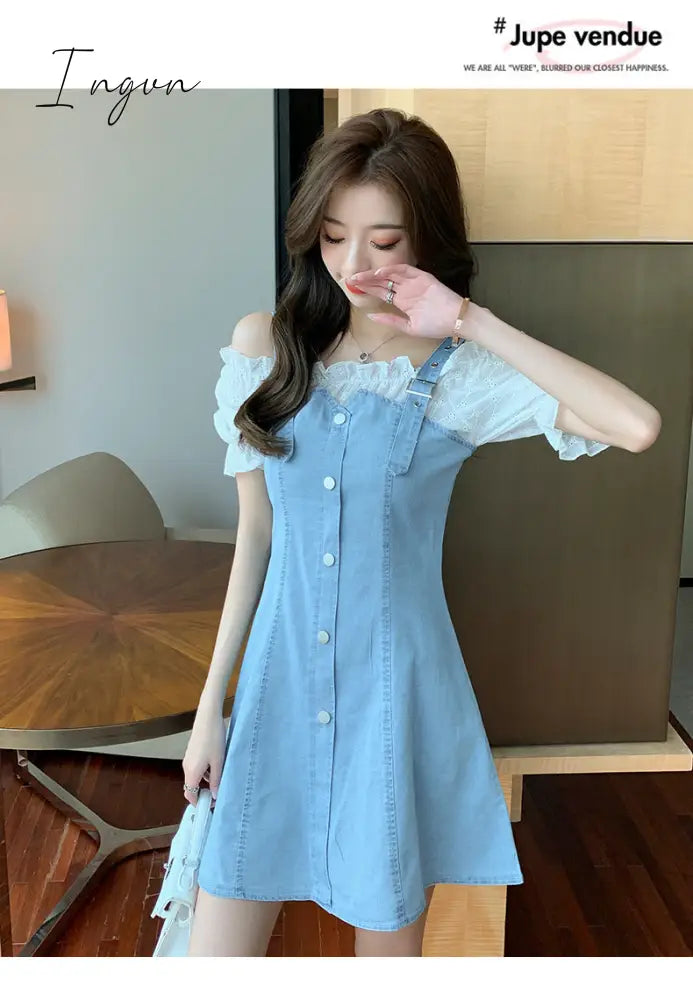 Ingvn - Denim Dress Fashion Lantern Sleeve Woman Dresses Clothes Gauze Patchwork Vestidos Ruffles Korean Off Shoulder Robe