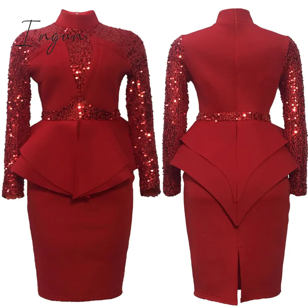 Ingvn - New arrival spring sexy lady 3 colors mid dress zipper fly ruffles bud dress full sleeve slivers office lady new dress