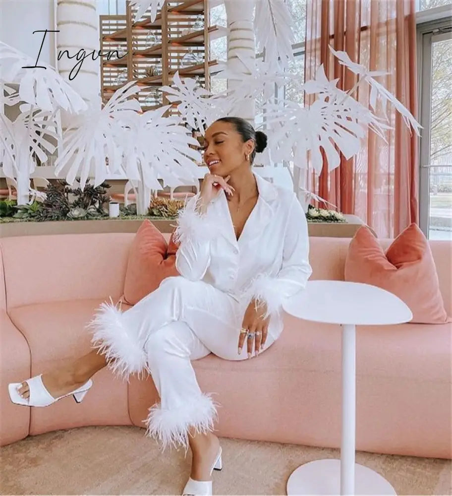 Ingvn - Trendy Women Pajamas Set Autumn Casual Lapel Tops + Feather Pants Suits Sexy Lingerie Nightwear Silk Satin Pyjamas pjs Suit 2Pcs