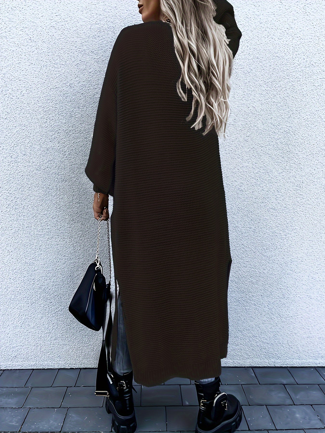 Women's Stylish All-Season Cardigan - Durable Knit with Chic Solid Color, Micro Elasticity, Open Front, and Side Splits