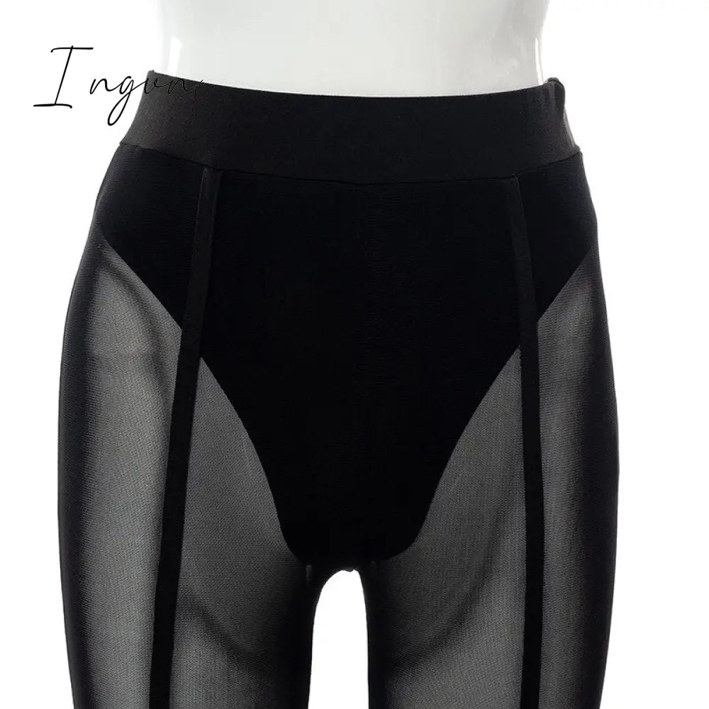 Ingvn - New Sexy See-through Black High Waist Long Trousers Casual Sweatpants Women Autumn Elastic Pencil Pants Mesh Leggings
